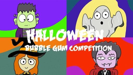 A poster for the purple gum Halloween competition with a Frankenstein, a ghost, a witch, and a vampire