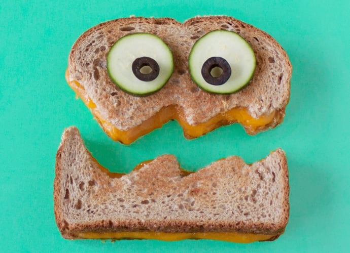 Grilledzilla Cheese sandwich with cucumber eyes