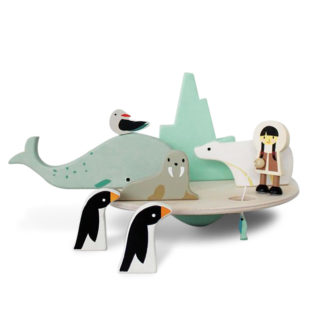 wintery wooden animal toys including two penguins, walrus, polar bear, and a child