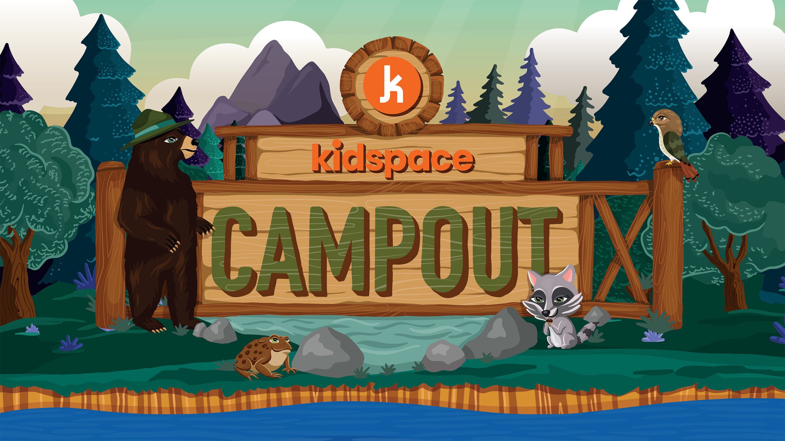 Kidspace Campout logo on a forest background