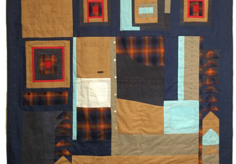 quilt for Peter 1 by Lavialle Campbell in dark blue and tan rectangles