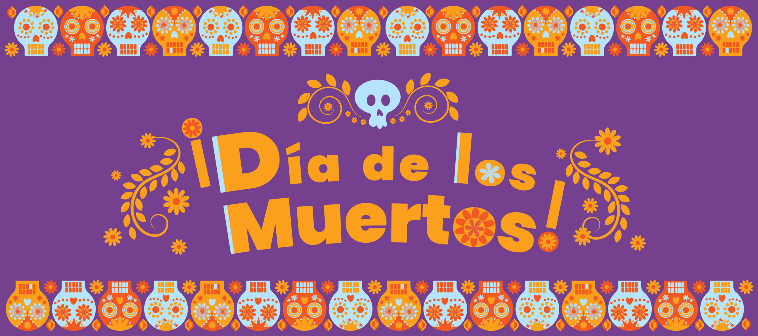 Día de los Muertos logo on purple background