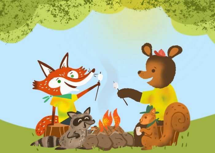 Woodland Animals Roasting S'mores around a campfire