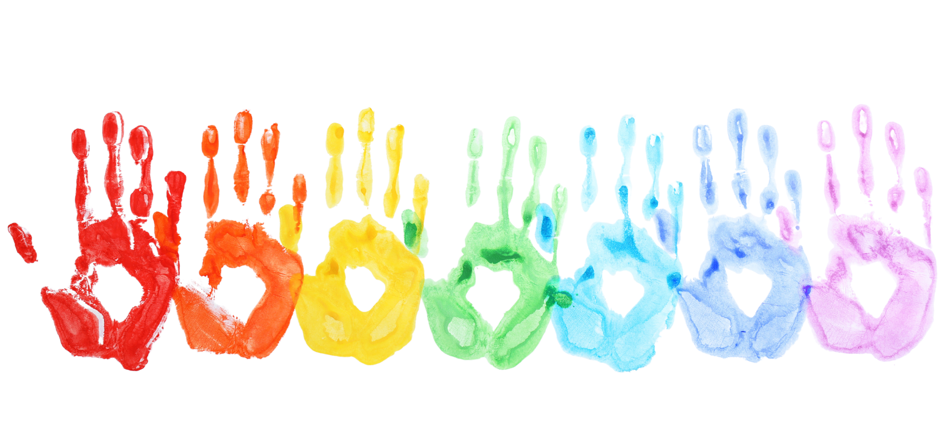 Handprints painted in rainbow colors