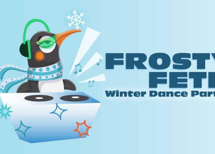 Cartoon penguin plays DJ