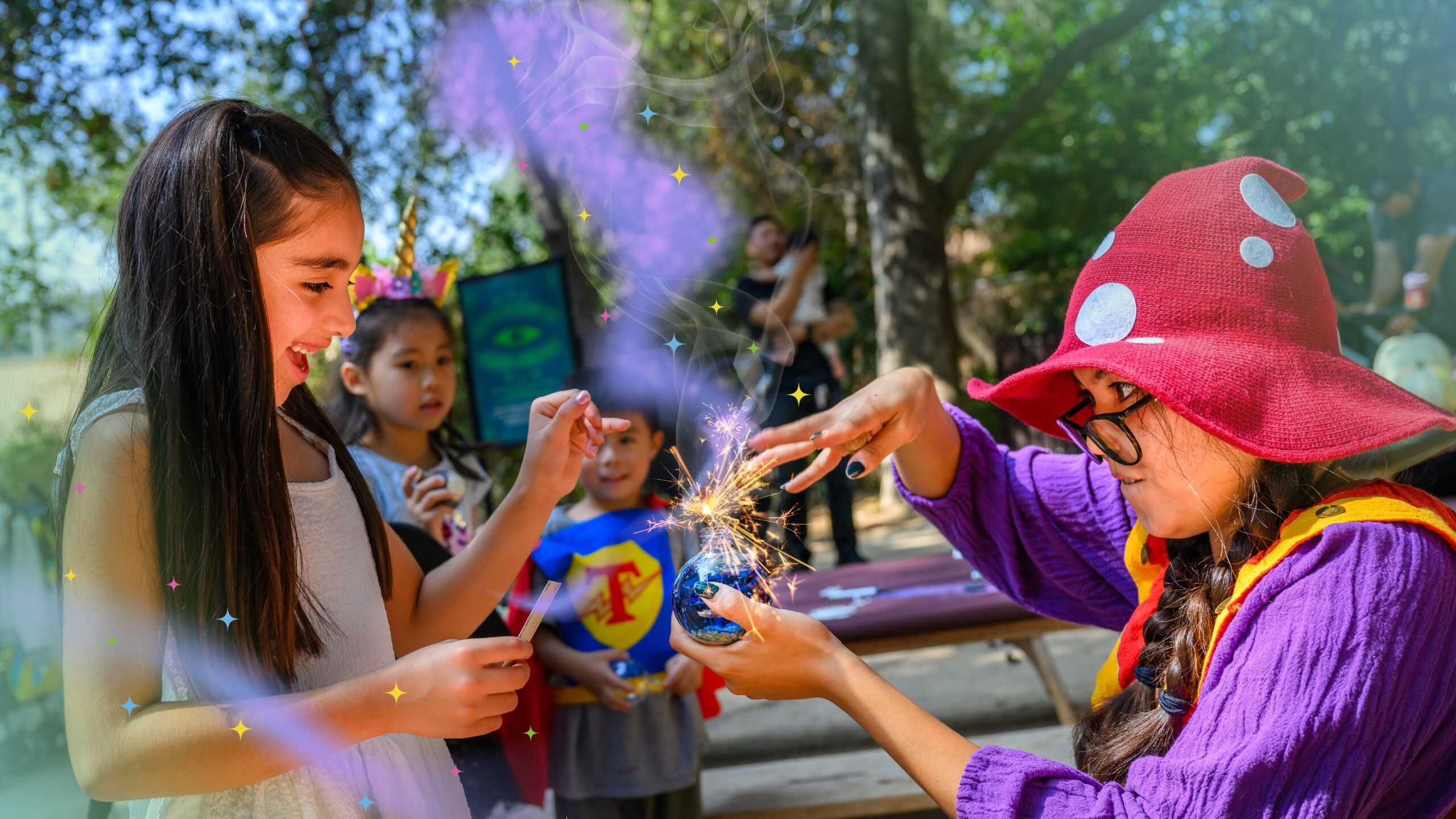 Witch casts a spell on a child's magical potion