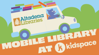 Illustration of a bear driving a mobile library van.