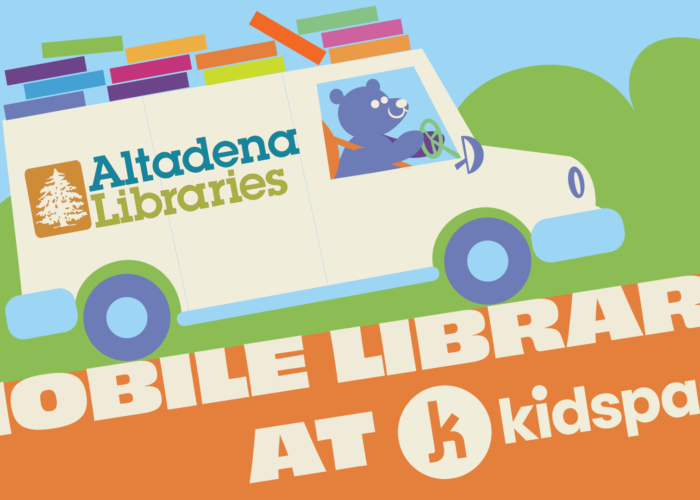 Illustration of a bear driving a mobile library van.