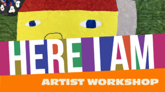 Image of a house with a face peeks over the words Here I Am