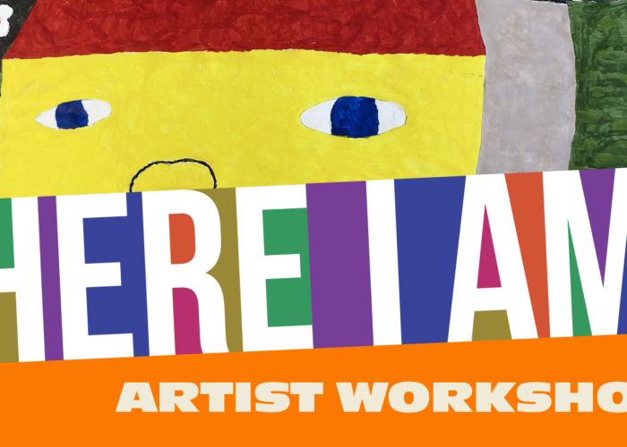 Image of a house with a face peeks over the words Here I Am