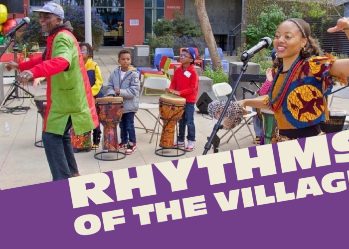 group of people dancing and children drumming