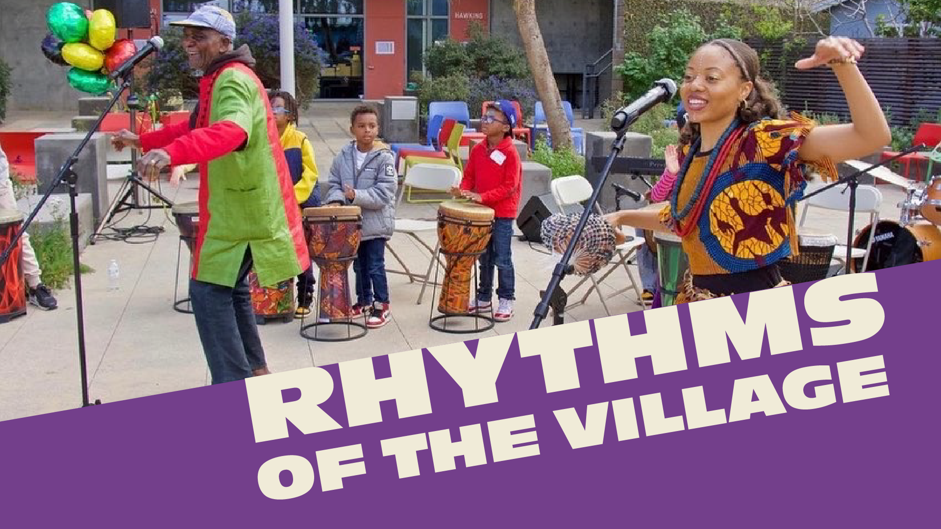 group of people dancing and children drumming