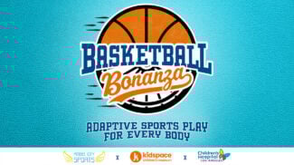 Graphic of a basketball that is also half a wheel.