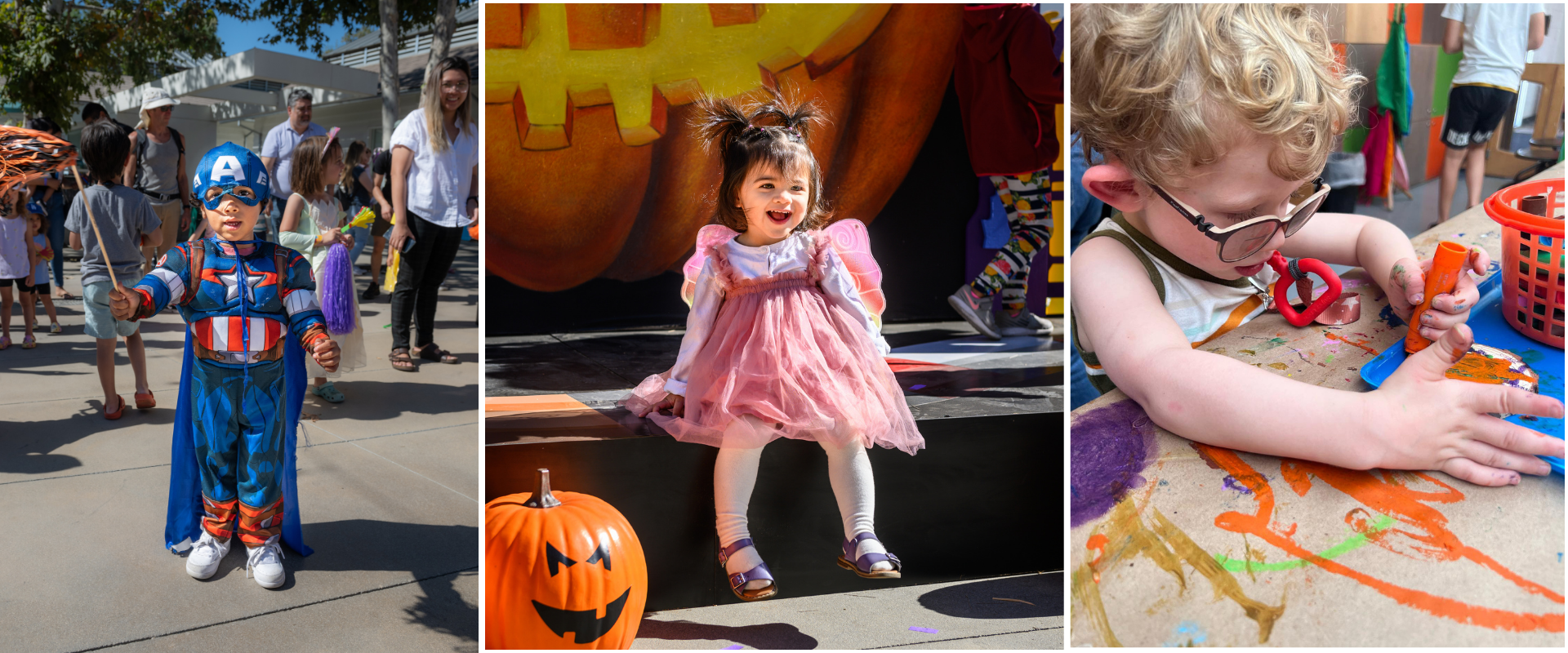 three photos of toddlers and halloween